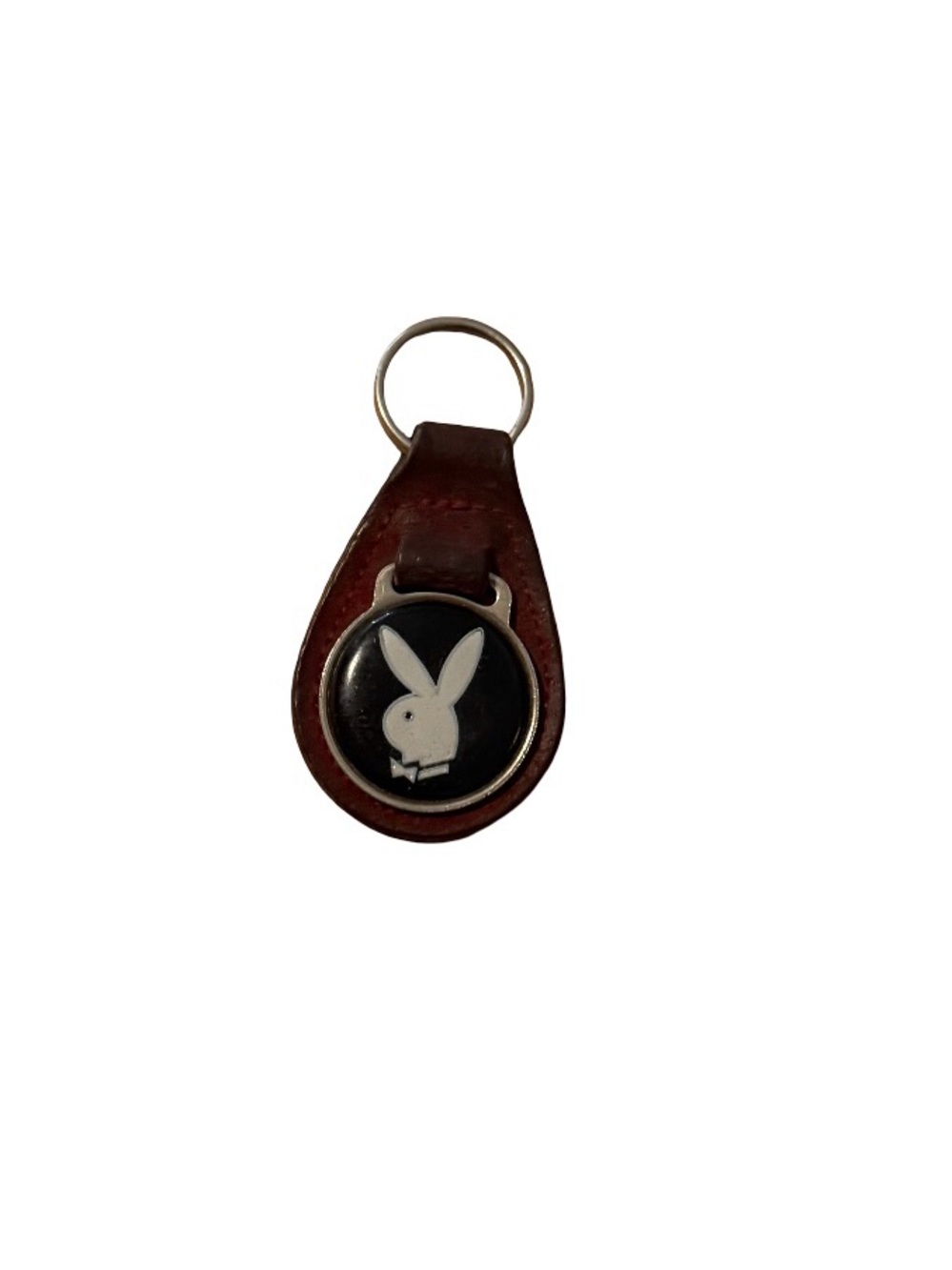 PLAYBOY Brown Leather Key Fob with Black, White Bunny Emblem
